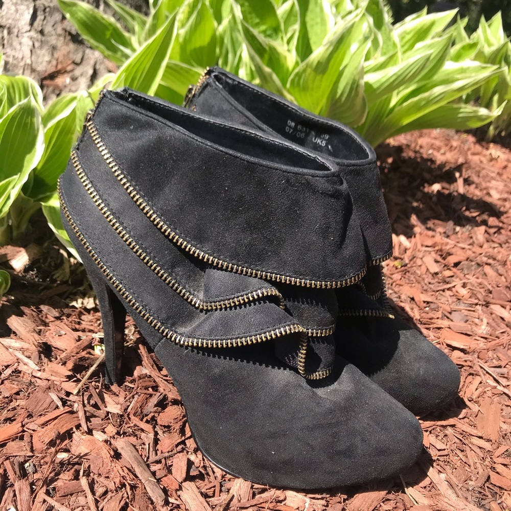 Black Suede High Heel Shoes w/ Gold Zippers